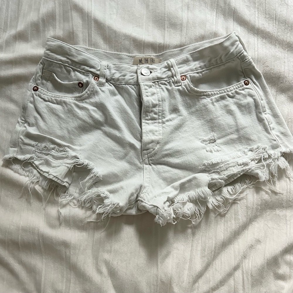 Free People We The Free White Distressed High Waisted Denim Shorts